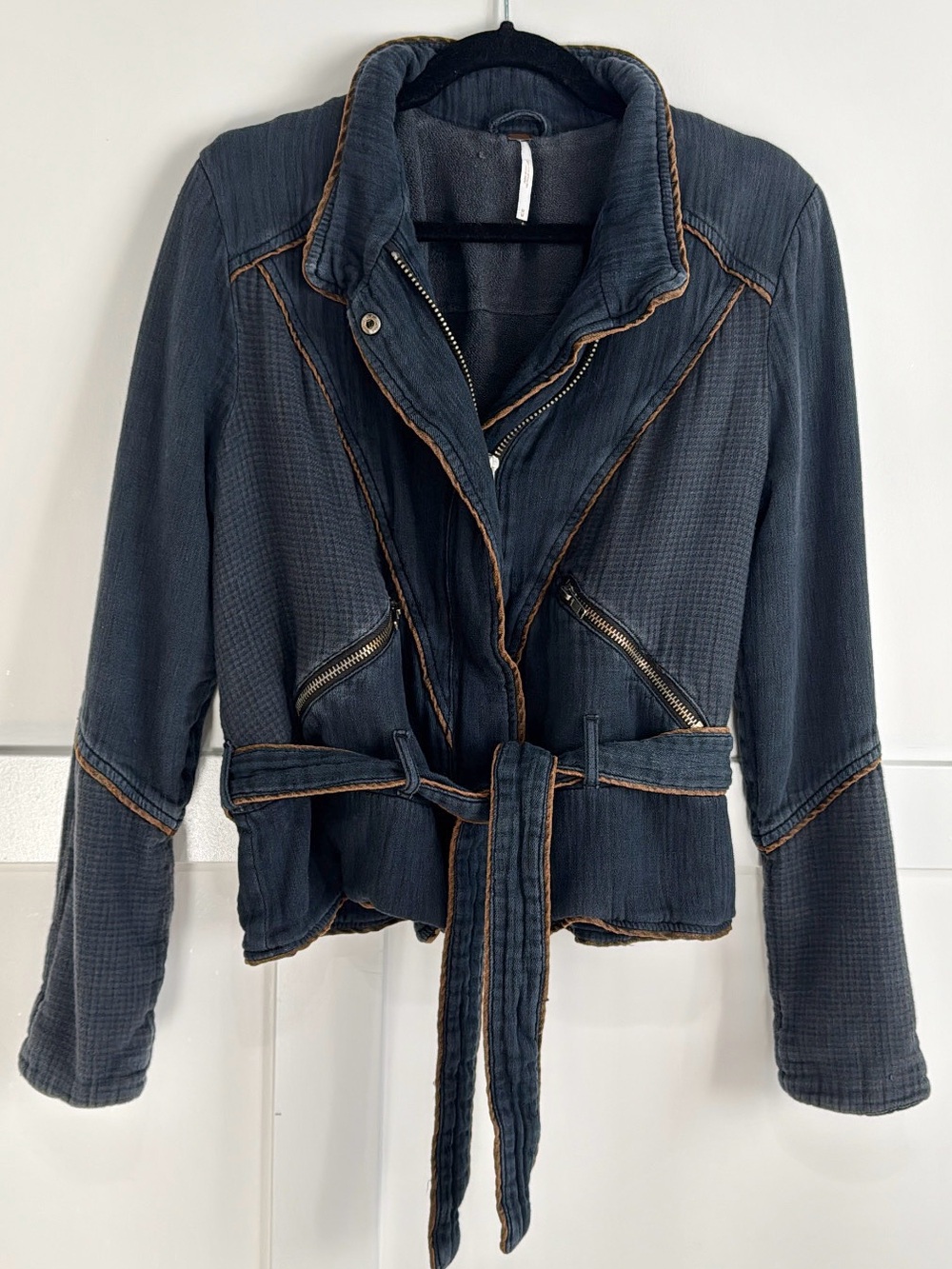 Free People Doublecloth Twill Belted Moto Jacket Washed Blue M